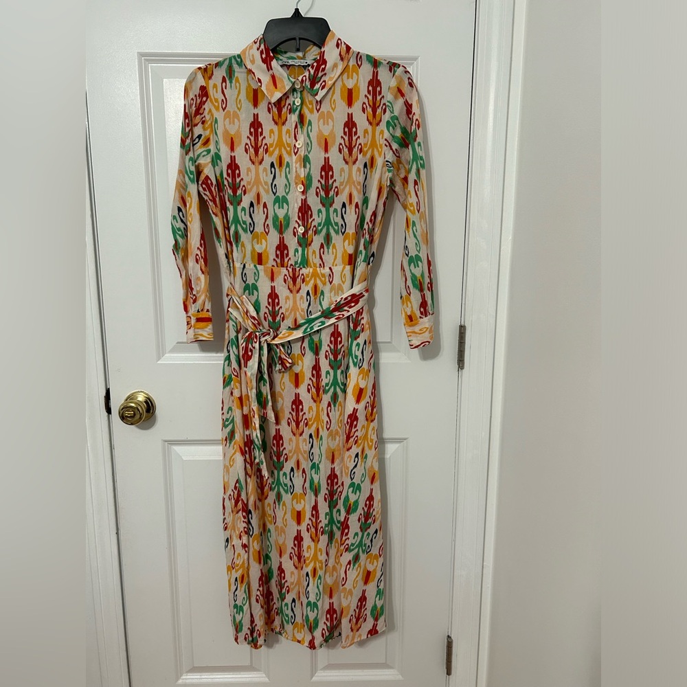 Zara button up long sleeve dress with tie